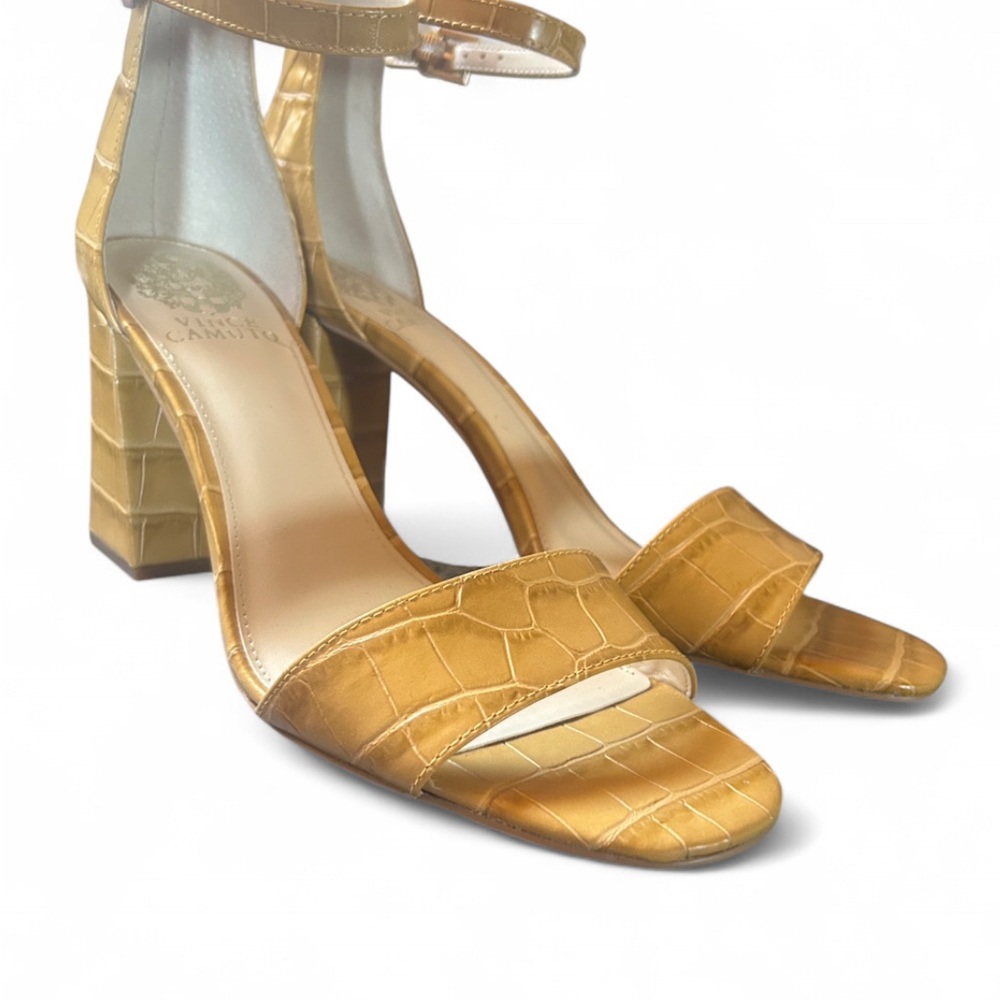 Vince Camuto Croc-Embossed Ankle Strap Block Heel Sandals in Tan